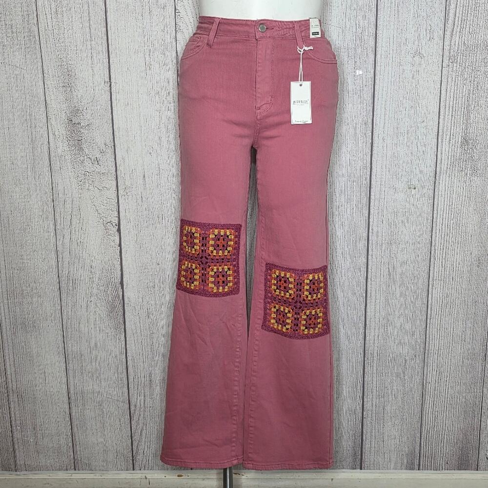 Judy Blue High Waist Wide Leg Jeans in Dusty Pink with Crochet Patches, sz 11/30